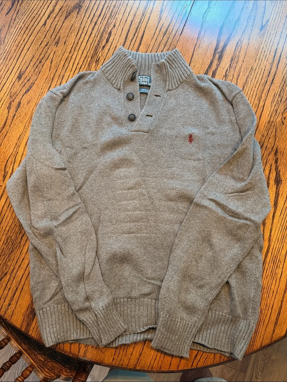 Polo by Ralph Lauren Men's Taupe Zip-Neck Sweater with Red Pony